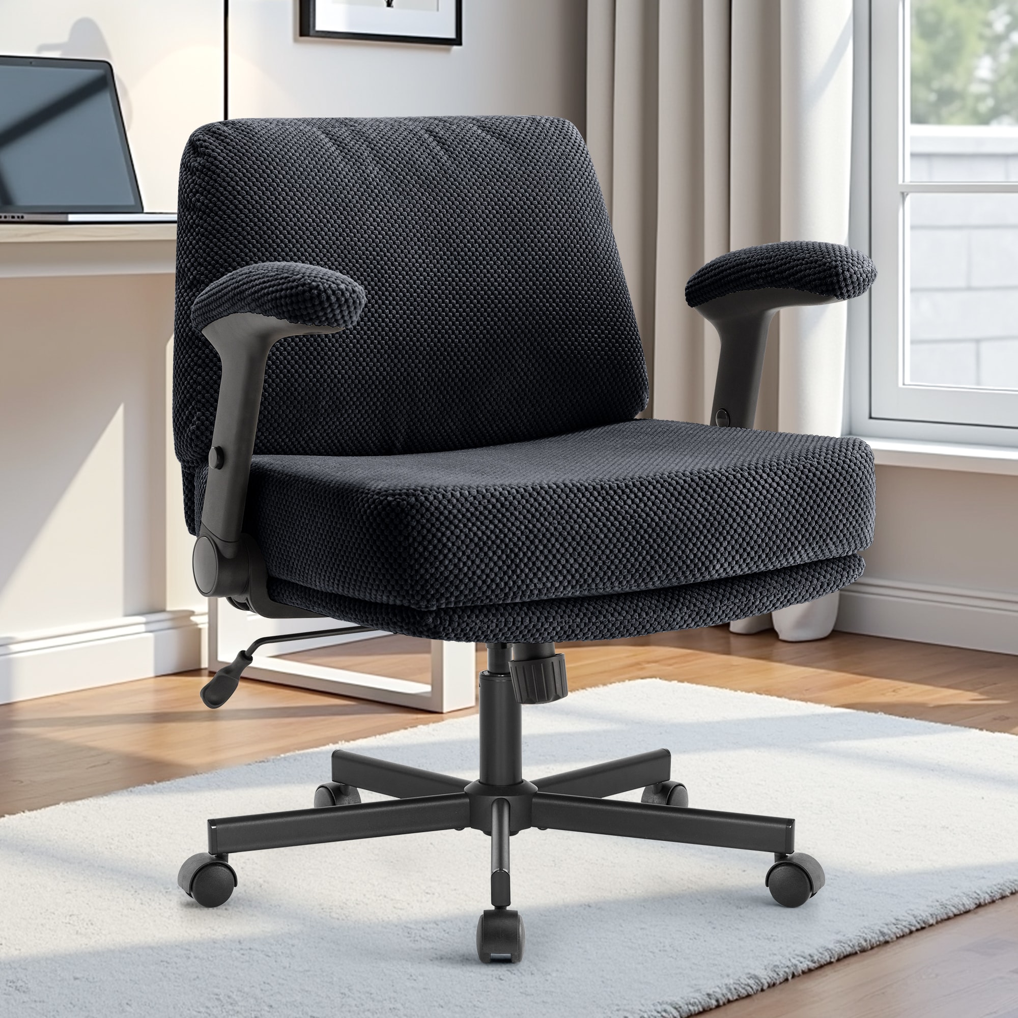 Criss Cross Chair With Wheels And Flip Arms- Comfy Fabric Cross Legged Office Chair With Thick Cushion&Wide Seat, Adjustable Swivel Desk Chair For Home Office, Apartment, Bedroom_voghion.com